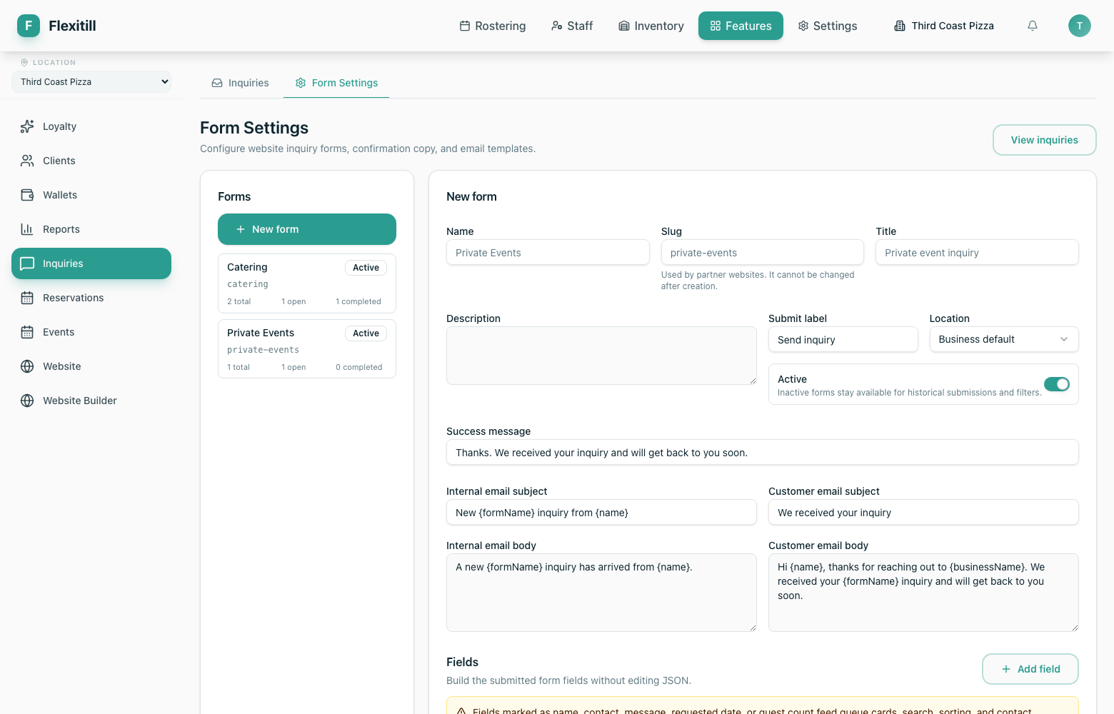 Inquiry form settings
