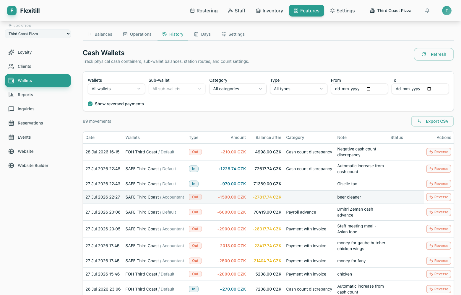 Cash wallet history