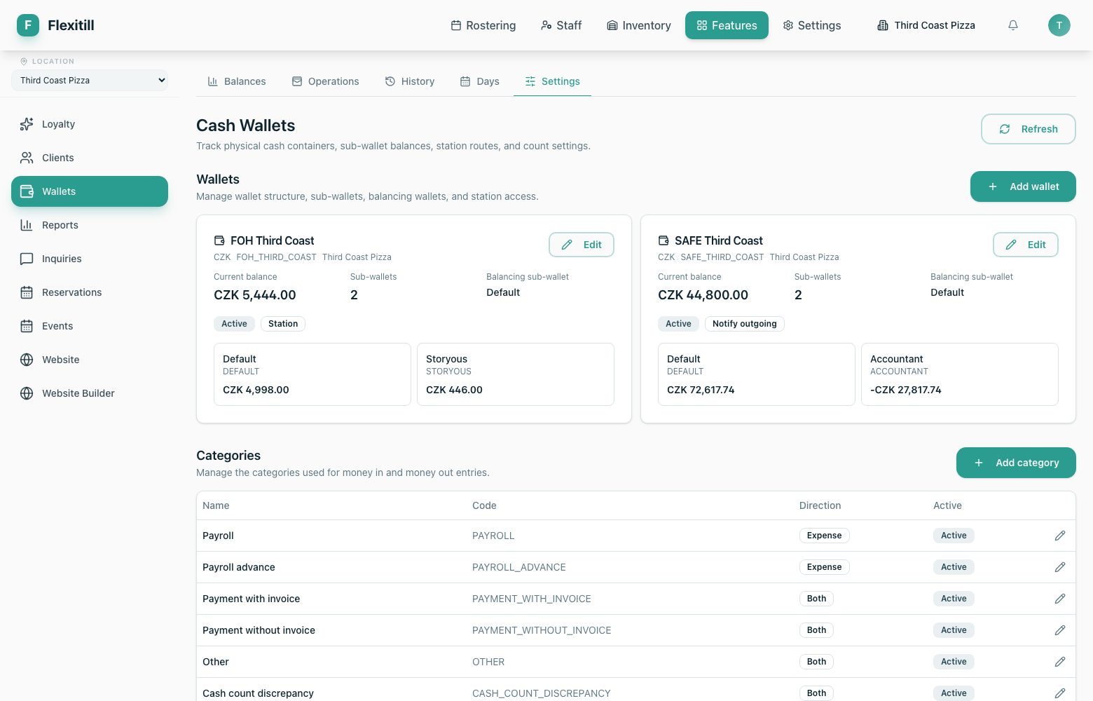 Cash wallet settings