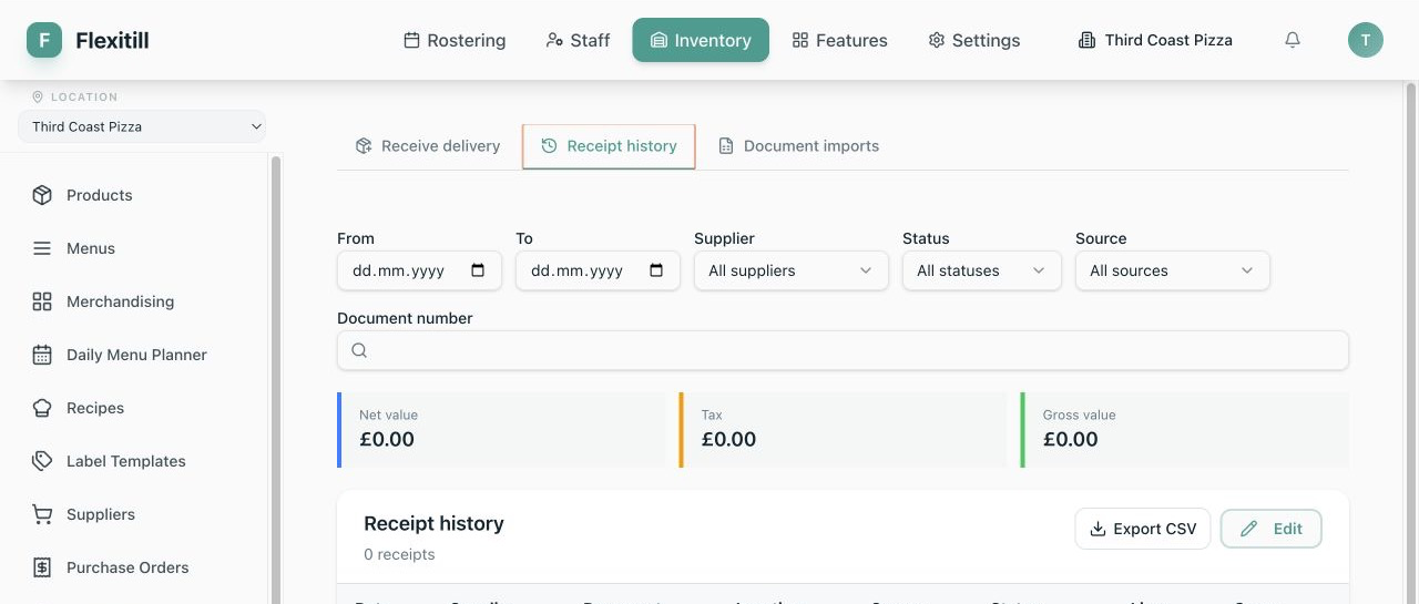 Local Delivery Receipt history filters and totals