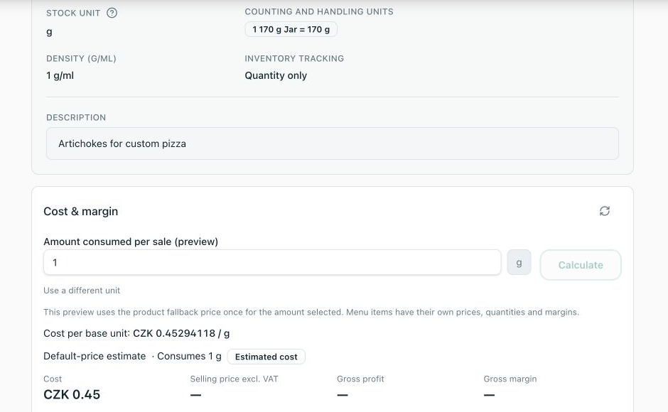 Local Product Cost and margin preview