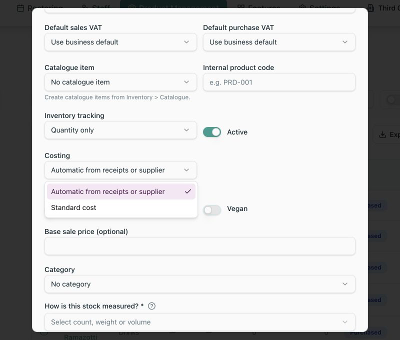 Local Purchased Product form showing automatic and standard costing choices