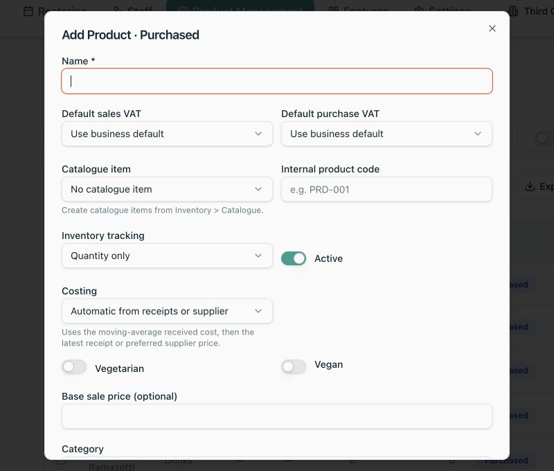 Local Flexitill Add Purchased Product form