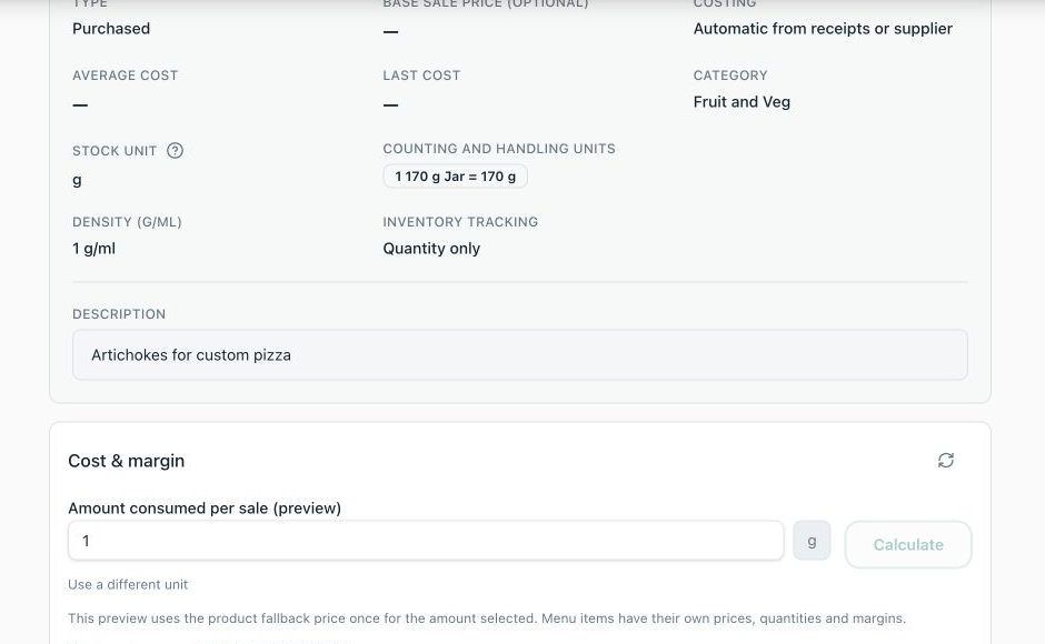 Local purchased Product details with type, costing, unit, density and tracking