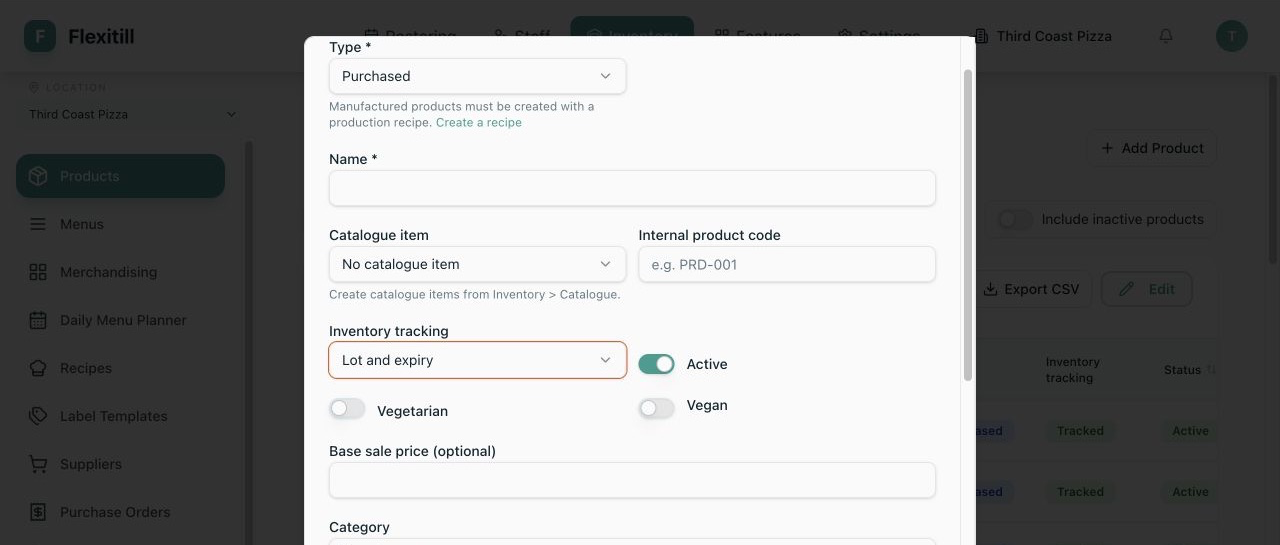 Local Product form with lot and expiry inventory tracking selected