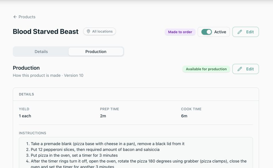 Local manufactured Product Production tab with Recipe yield and instructions