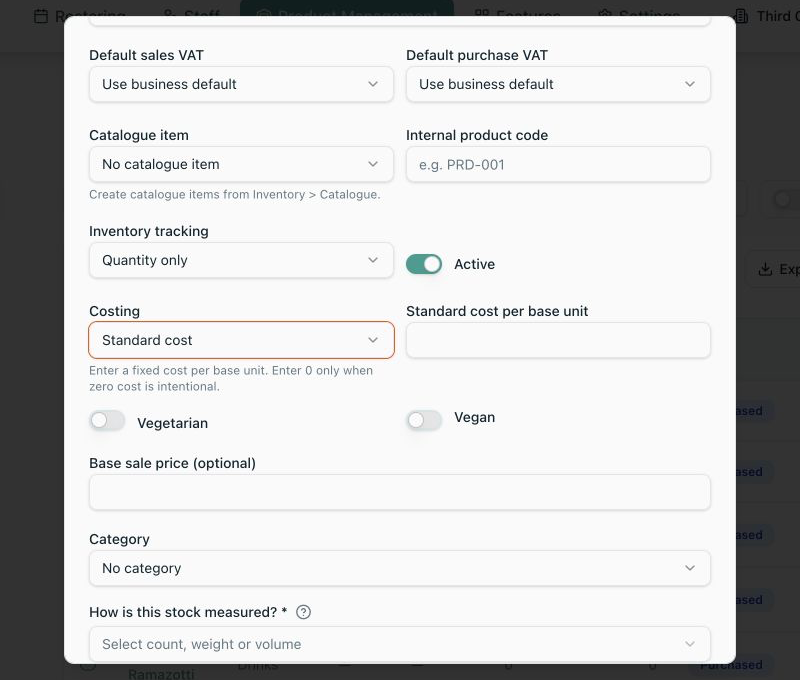 Local Purchased Product form with Standard cost per base unit