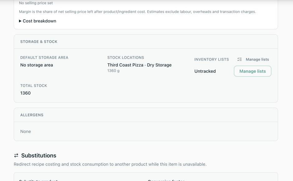 Local Product detail showing stock controls and Storage Area balances