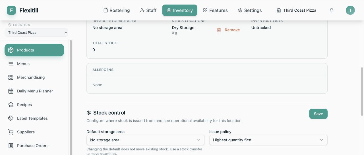 Local Product detail showing stock controls and Storage Area balances