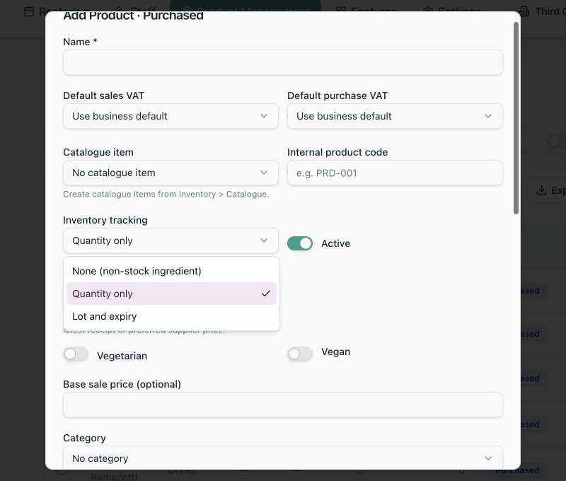 Local Purchased Product form showing all inventory tracking choices