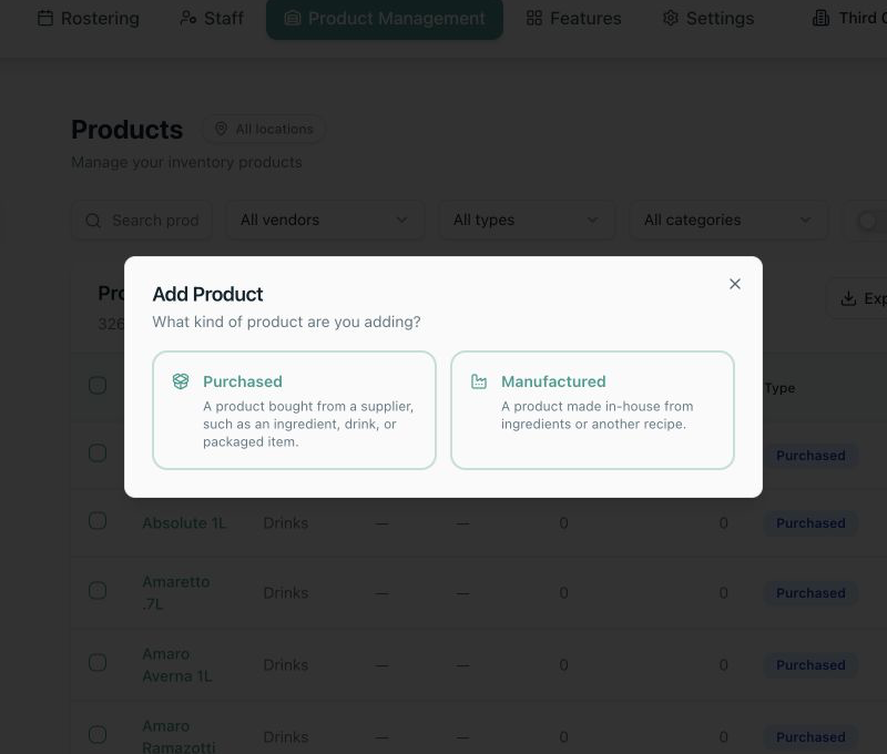Local Product workflow offering Purchased and Manufactured choices