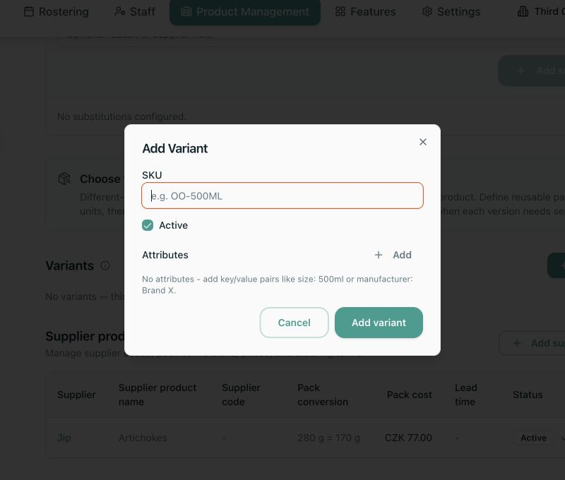 Local Product Variant editor with SKU and attributes