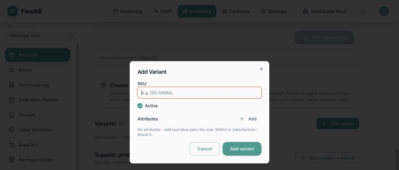 Local Product Variant editor with SKU and attributes