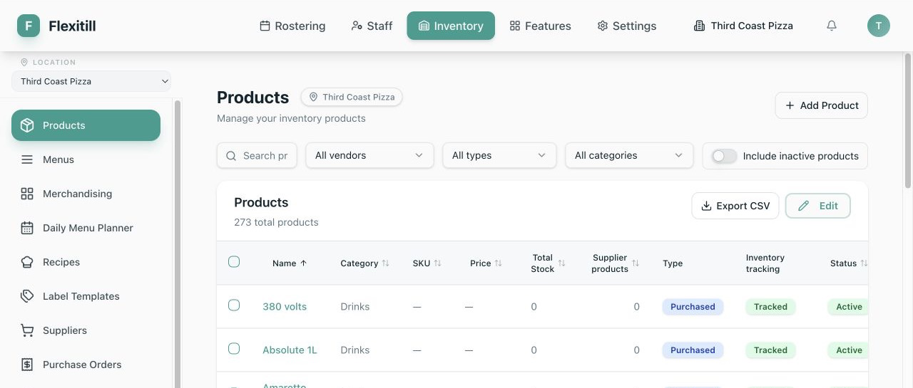 Local Flexitill Product list with New Product action