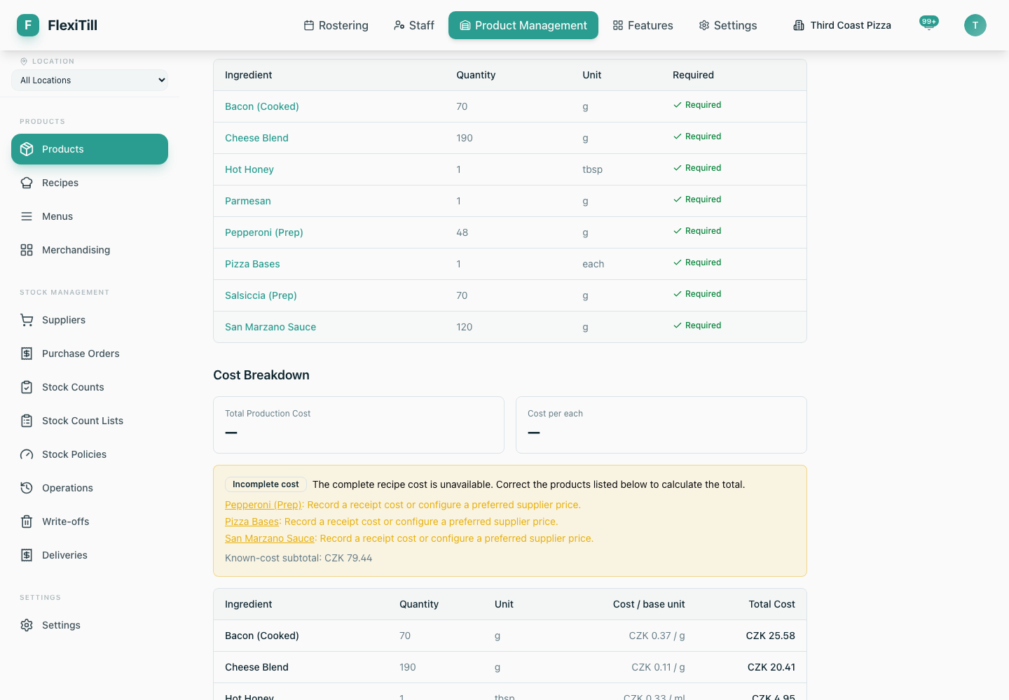 Local Recipe cost breakdown with incomplete-cost issues and known subtotal