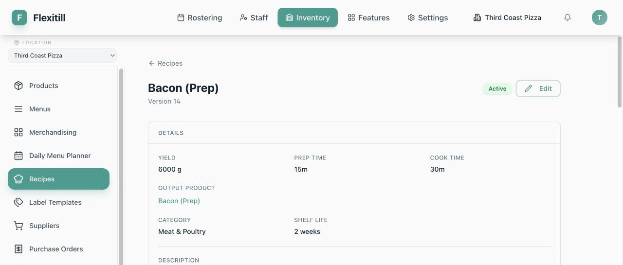 Local Recipe detail with output Ingredients and active status