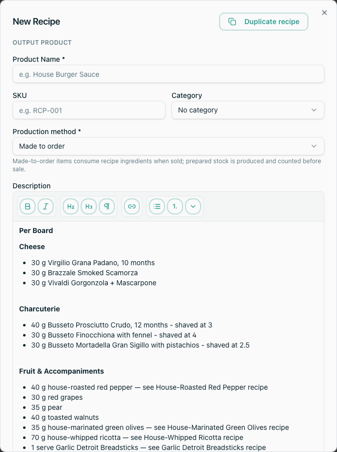 Local Recipe duplication with copied Product description and Recipe settings