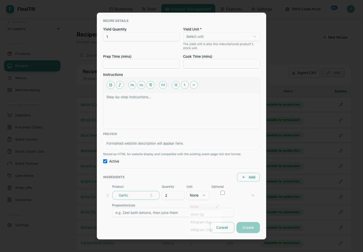 Local Recipe Ingredient Unit selector offering compatible global measurements