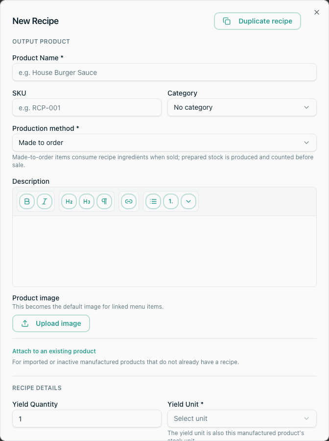 Local New Recipe workflow for a new manufactured output Product
