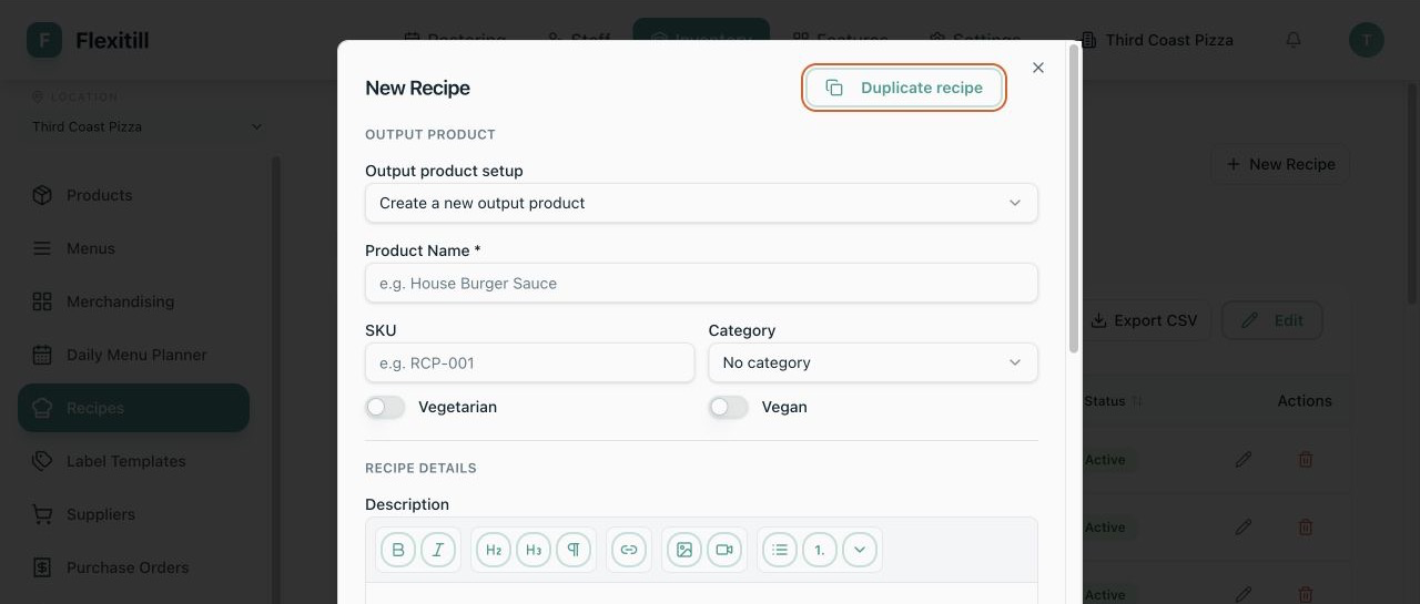 Local New Recipe workflow with output Product and yield