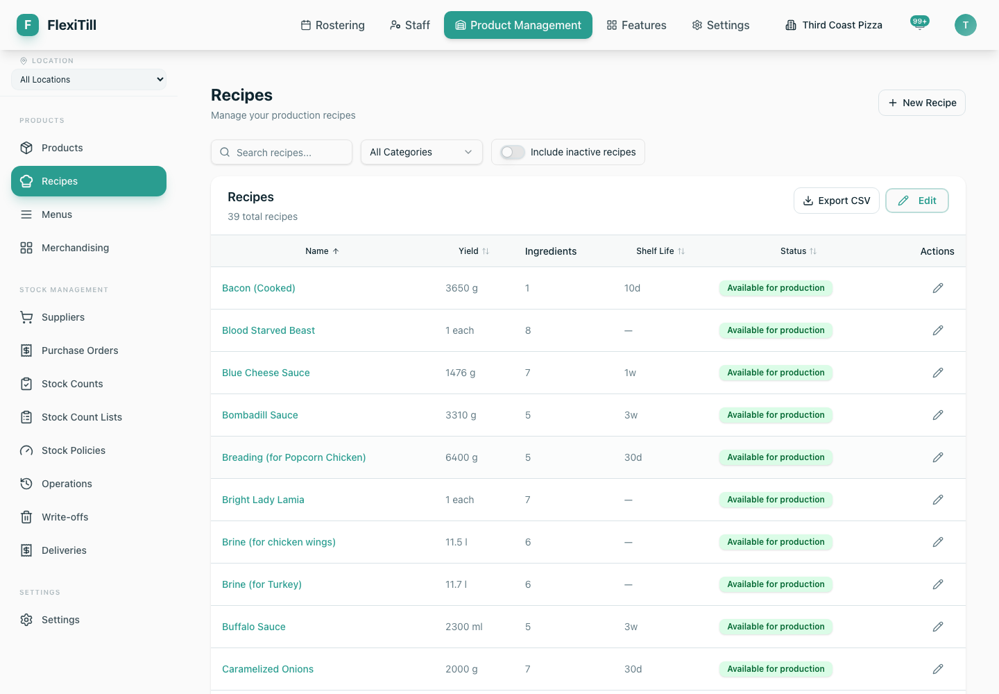 Local Recipe list with search, Category, inactive, export and column controls