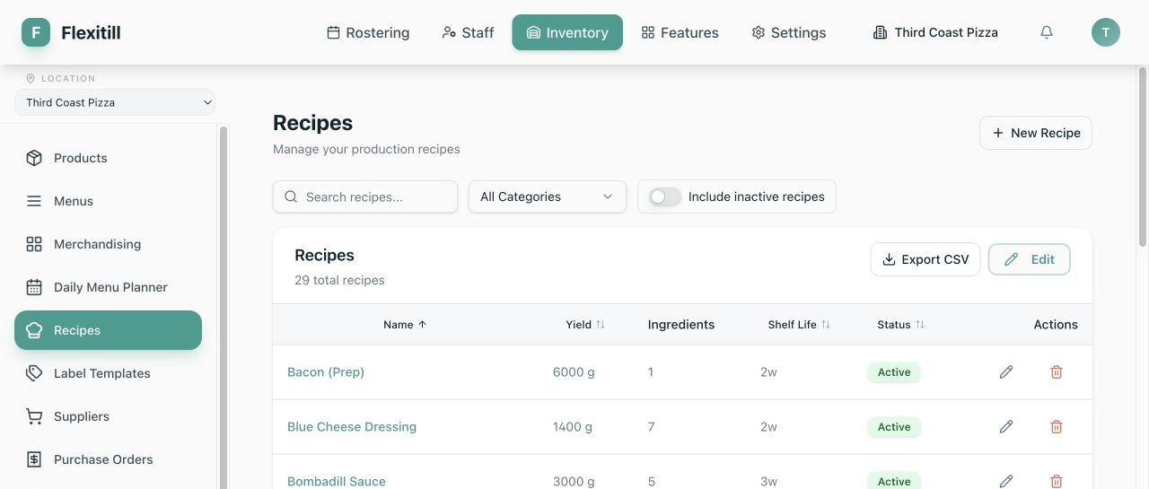 Local Recipe list with filters and New Recipe action