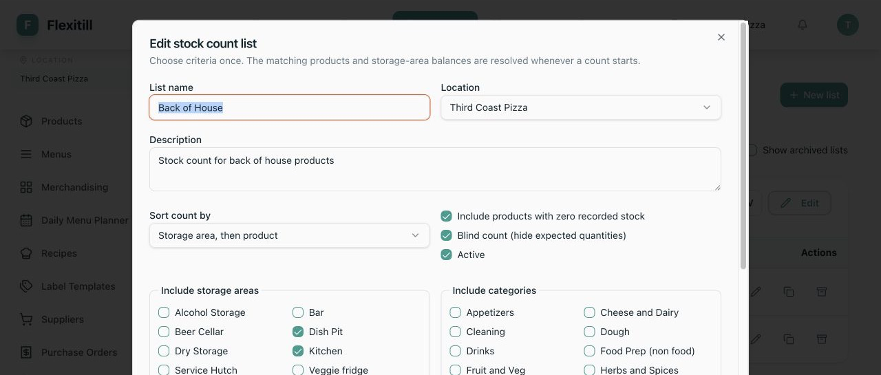 Local Stock Count List editor with rules and live preview