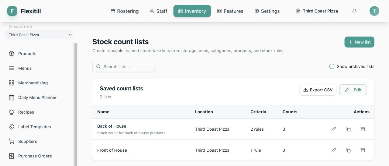 Local Stock Count Lists page