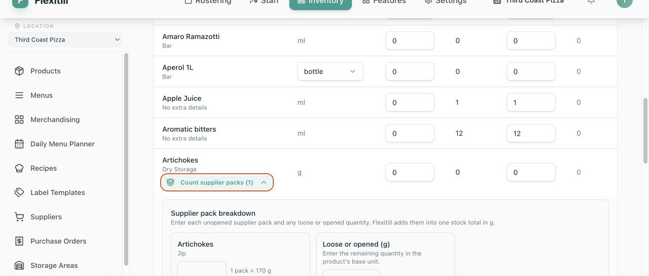 Local Stock Count supplier pack and loose quantity entry