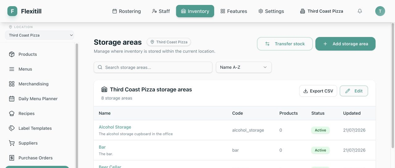 Local Storage Areas list