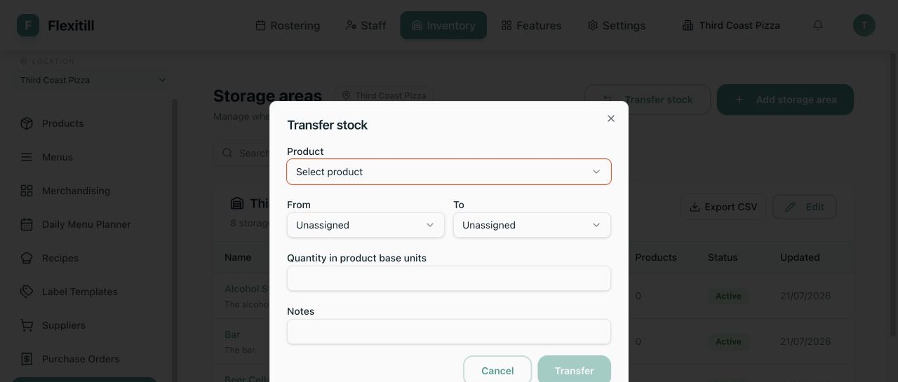 Local Storage Area stock transfer form