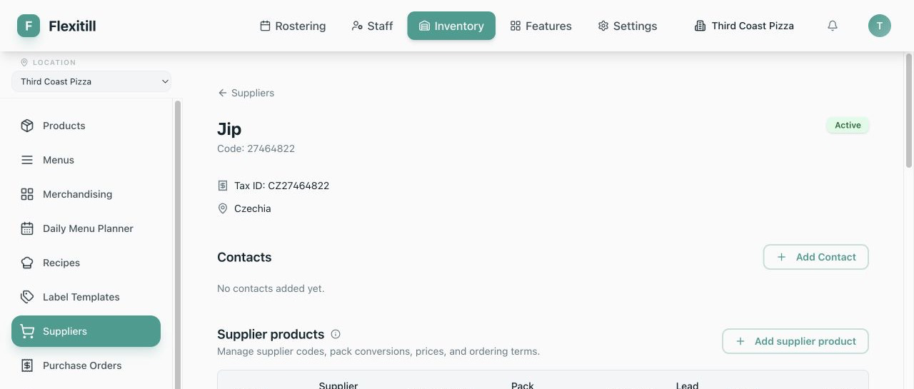 Local Supplier detail with contacts and purchasing information