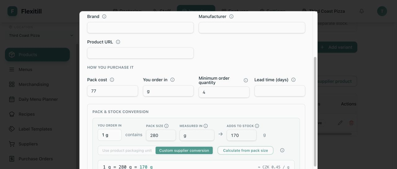 Local Supplier Product pack size and base-stock conversion example