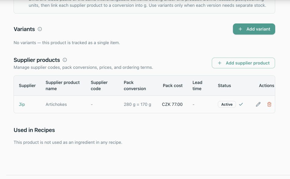 Local Product detail showing Supplier Product identity, pack conversion, cost and status