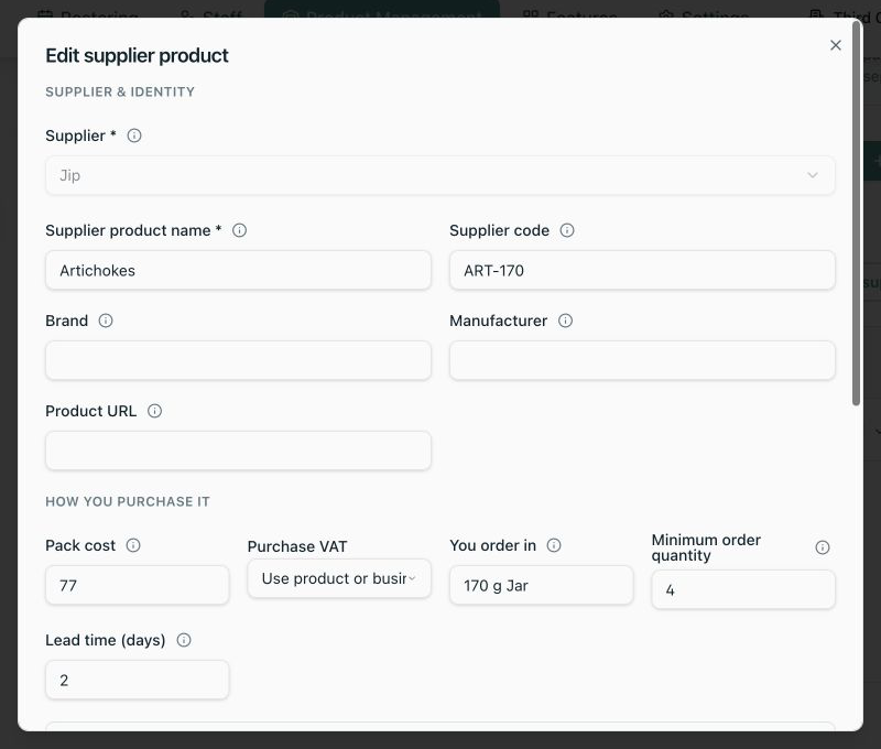 Local Supplier Product editor with supplier identity and purchasing terms
