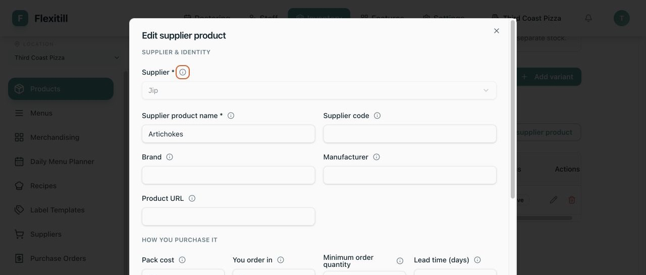 Local Supplier Product editor with supplier identity and purchasing terms