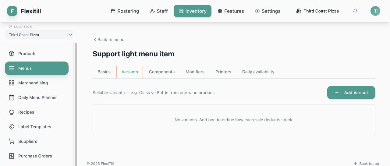 Local Menu Item Variants configuration