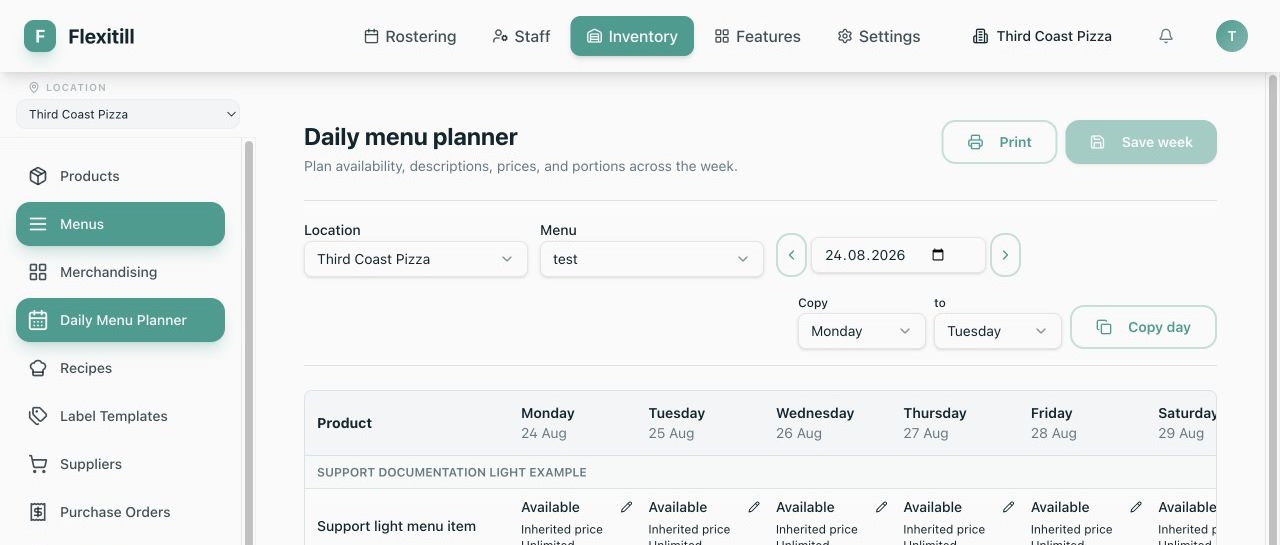 Local weekly Daily Menu Planner