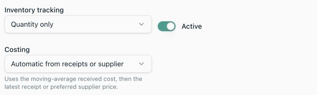 Local light-mode Product form with Automatic from receipts or supplier and its fallback explanation