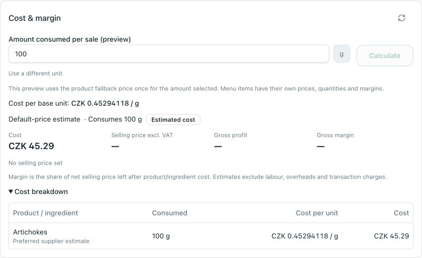 Local light-mode Cost and margin calculation for 100 g with an expanded preferred supplier estimate
