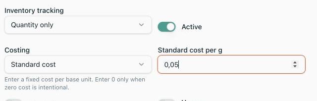 Local light-mode Product form with Standard cost per g set to 0.05