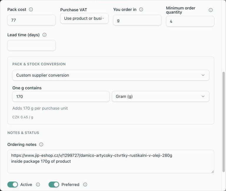 Local light-mode supplier form showing pack cost, stock conversion and Active and Preferred controls