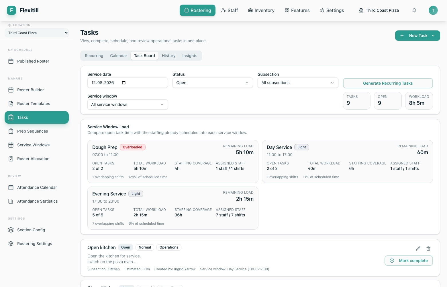 Tasks screen