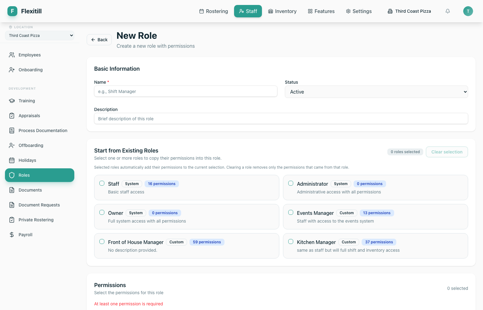 Creating a new role with a permission matrix