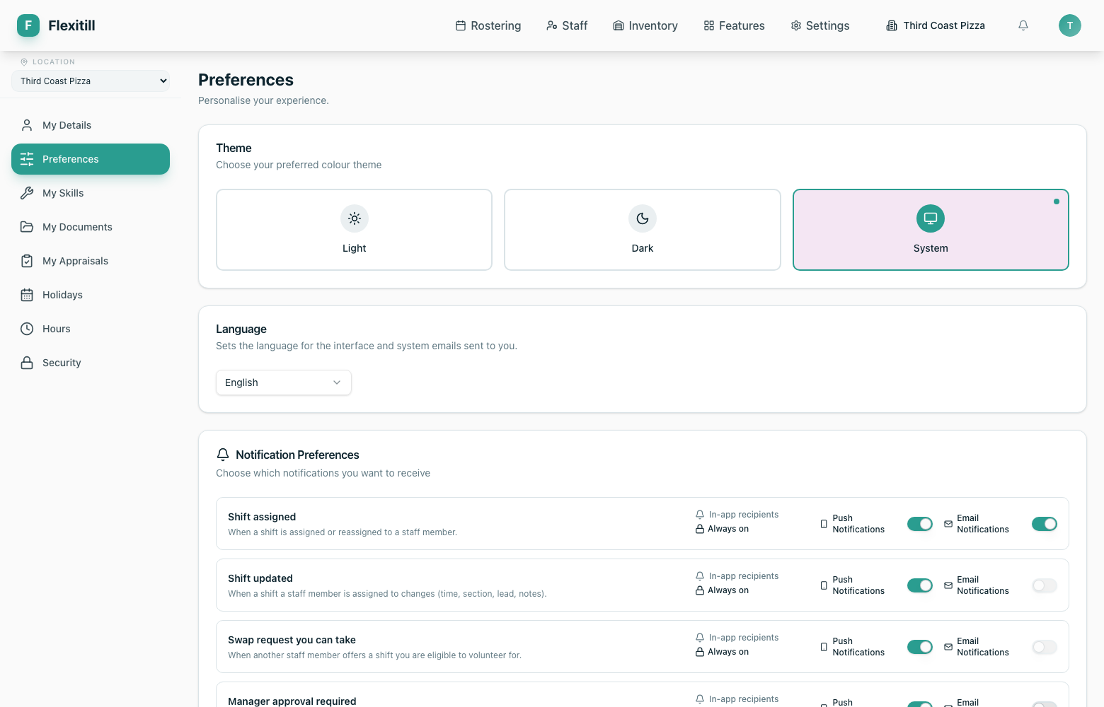 User preferences screen