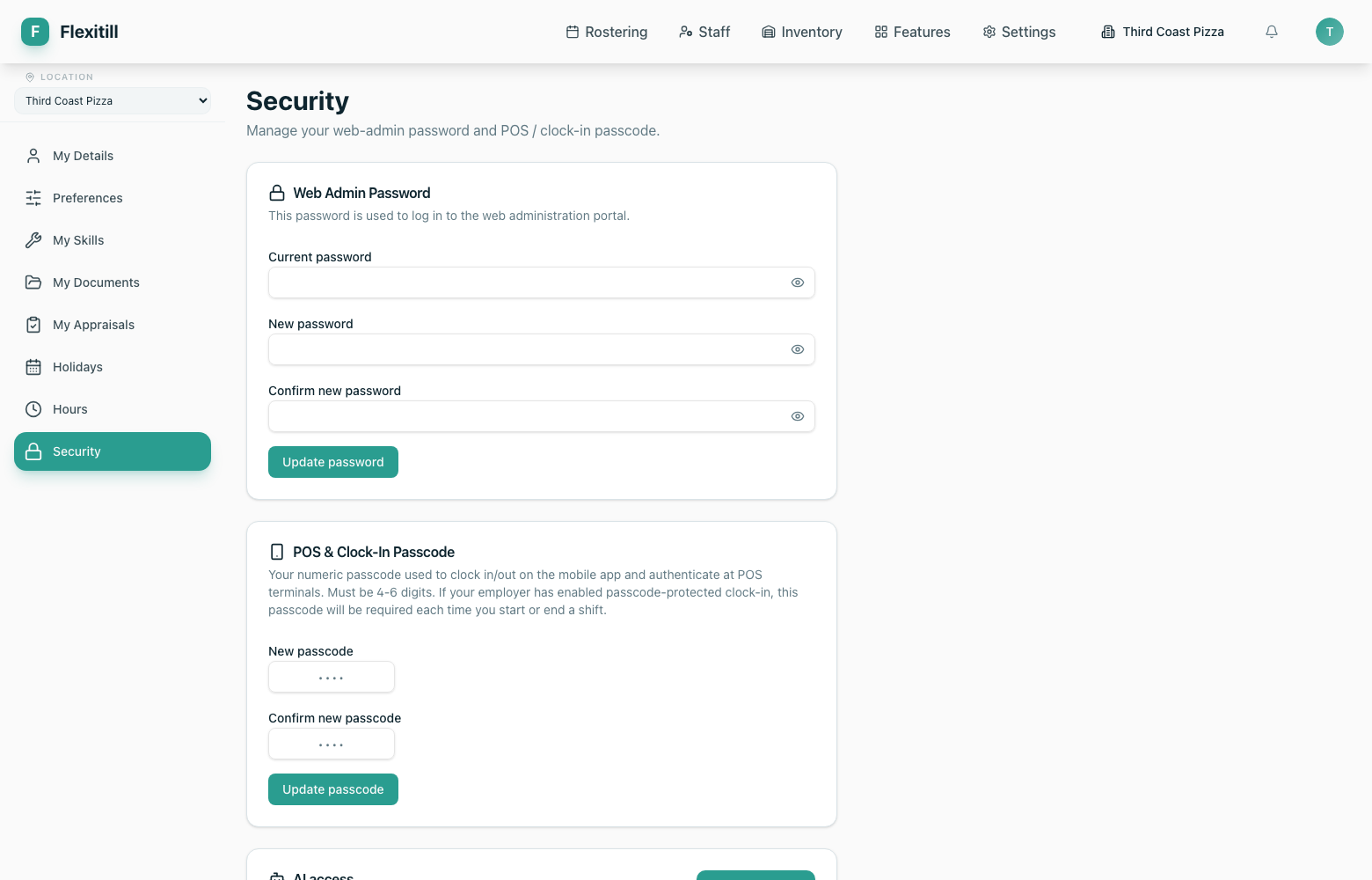 Security settings for your account